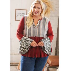 "The Angelina" Berry Hacci Aztec Multistripe Outseam Bell Sleeve Top